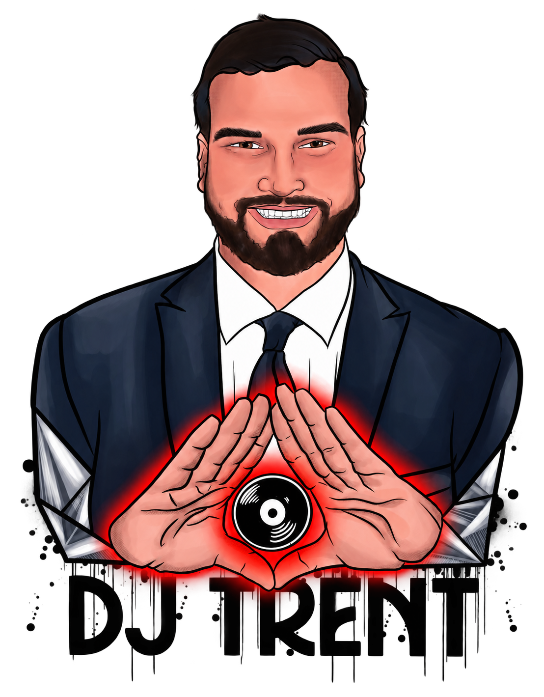 Illustrated portrait logo of DJ Trent holding a record inside a red glow